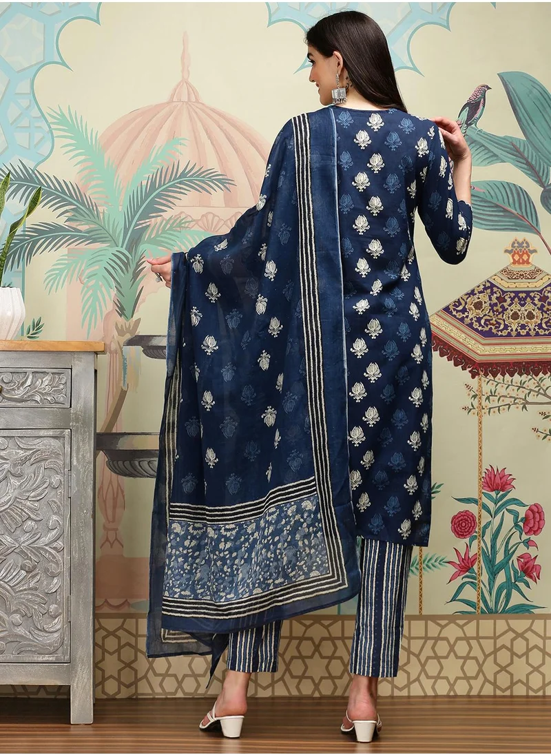 ISHIN Straight Fit Printed Pattern Round Neck Three-Quarter Sleeves INDIGO BLUE Colour Woven Cotton Kurta Set for Women with Semi Elastic Closure - A Timeless Addition to Your Collection