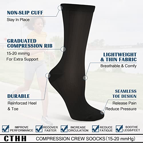 CTHH Compression Crew Socks for Women Thin Lightweight (15-20 mmHg) for Athletic Nurse Circulation Support Socks, 4 Pairs/Black - Image 2