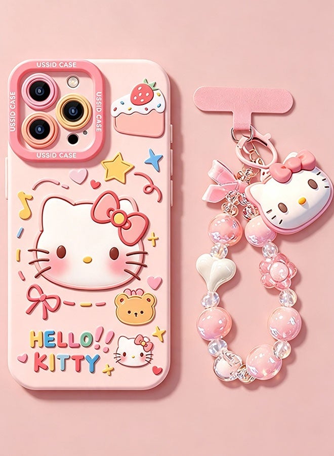 Hello Kitty iPhone 17 Pro Max phone case with strap, cartoon characters, cute Hello Kitty pattern, anti-slip, dustproof, drop-resistant, made of soft silicone, phone accessory, suitable for women and girls - Image 1