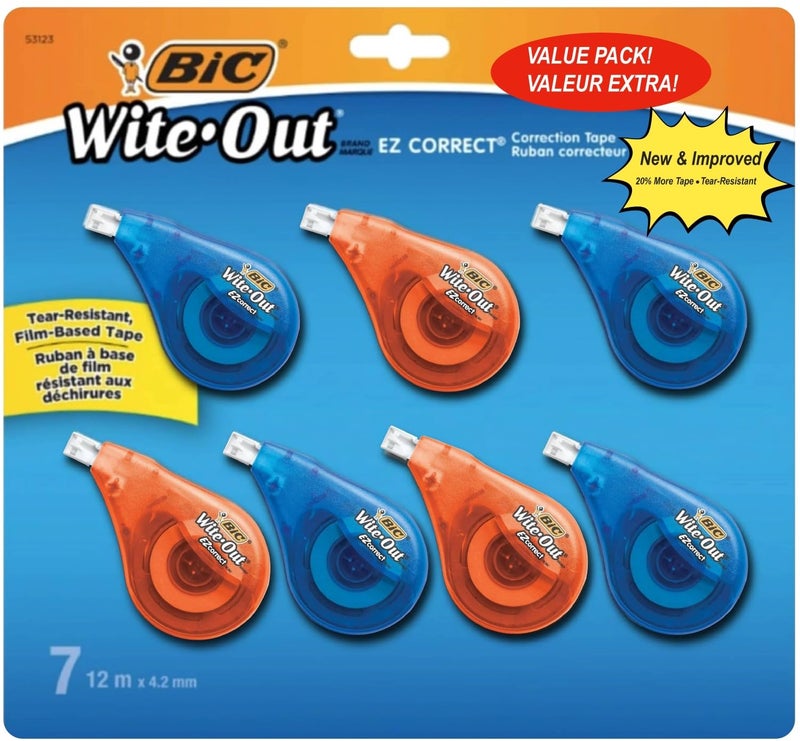 BIC White Out Tape- Tear Resistant, Clear Dispenser EZ Correct Correction Tape - 39.3 Feet Each - Pack of 7 - Image 1