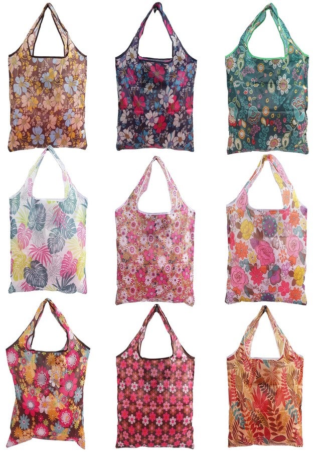 JEFHOMKIT 9 Pack Reusable Grocery Bags,Foldable Floral Shopping Bags,Nylon Fabric Reusable Bags for Groceries,Washable Grocery Tote Bag with Handles,Large Lightweight Shopping Grocery Bags with Pouch - Image 1