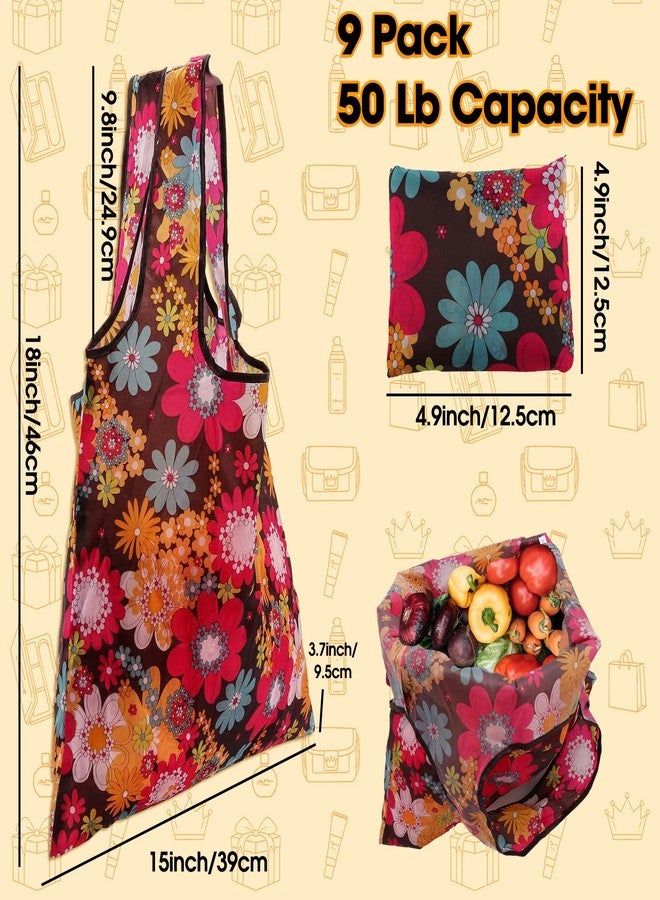 JEFHOMKIT 9 Pack Reusable Grocery Bags,Foldable Floral Shopping Bags,Nylon Fabric Reusable Bags for Groceries,Washable Grocery Tote Bag with Handles,Large Lightweight Shopping Grocery Bags with Pouch - Image 2