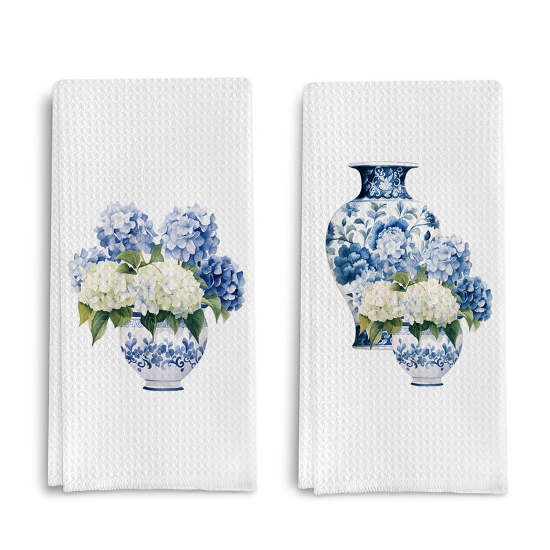 Qpenm Blue and White Porcelain Chinoiserie Kitchen Towels Set of 2, Hydrangea Floral Dish Towels Tea Towels for Kitchen, Chinoiserie Decor Hand Towels for Bathroom, Grand Millenial Decor 16x24 Inch - Image 1