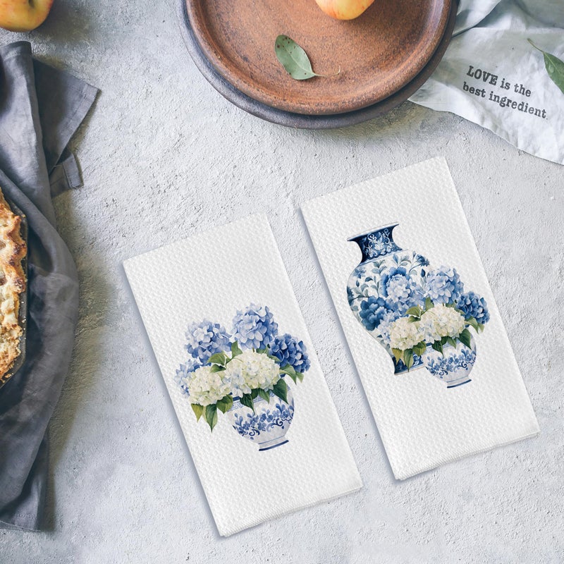Qpenm Blue and White Porcelain Chinoiserie Kitchen Towels Set of 2, Hydrangea Floral Dish Towels Tea Towels for Kitchen, Chinoiserie Decor Hand Towels for Bathroom, Grand Millenial Decor 16x24 Inch - Image 4