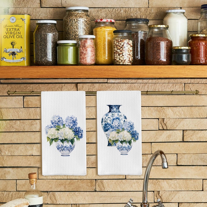 Qpenm Blue and White Porcelain Chinoiserie Kitchen Towels Set of 2, Hydrangea Floral Dish Towels Tea Towels for Kitchen, Chinoiserie Decor Hand Towels for Bathroom, Grand Millenial Decor 16x24 Inch - Image 2