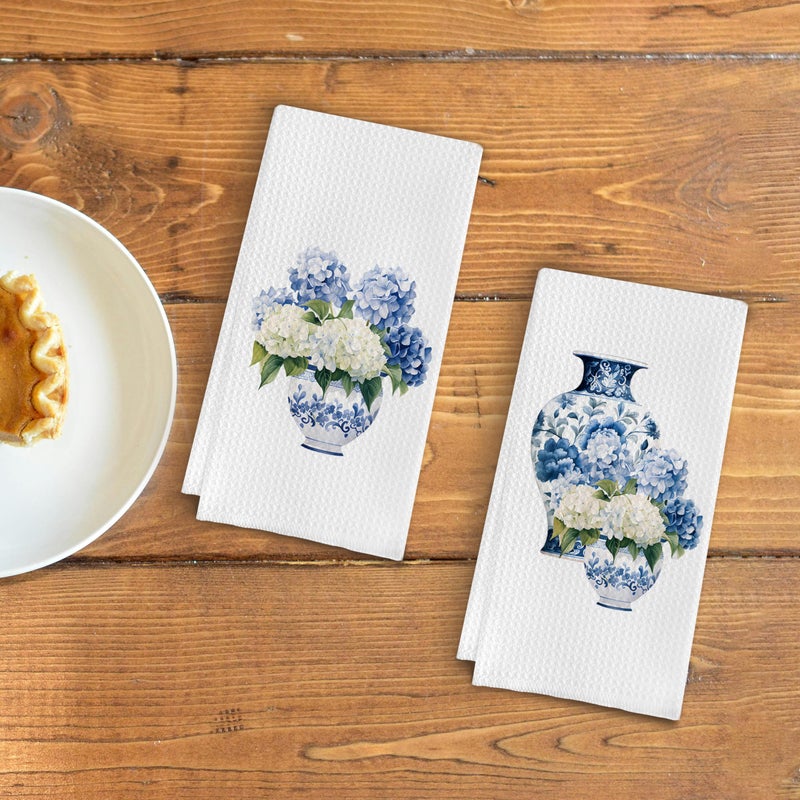 Qpenm Blue and White Porcelain Chinoiserie Kitchen Towels Set of 2, Hydrangea Floral Dish Towels Tea Towels for Kitchen, Chinoiserie Decor Hand Towels for Bathroom, Grand Millenial Decor 16x24 Inch - Image 3