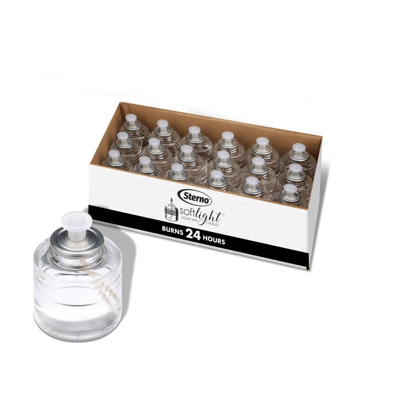 Sterno SoftLight Liquid Wax Candle Pack - Decorative Long Lasting Candles for Centerpieces, Candle Set with Bottle-Design Candle Holder - Burns Up to 24 Hours - 18 Liquid Paraffin Candles