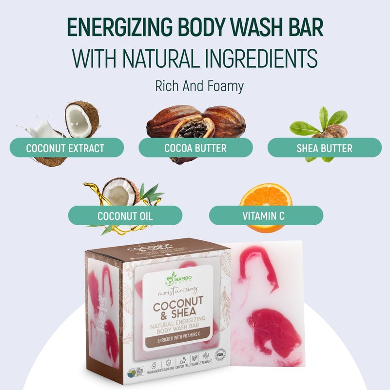BAMBOEARTH Solid Moisturizing Body Wash Bar Soap â€“ Natural Dry Gel Bodywash Shower Bars With Plant Based Essential Oil And Zero Waste Packaging - Use With Hair Shampoo & Conditioner (Coconut & Shea) - Image 2