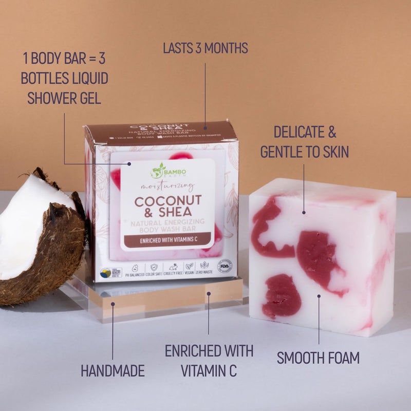 BAMBOEARTH Solid Moisturizing Body Wash Bar Soap â€“ Natural Dry Gel Bodywash Shower Bars With Plant Based Essential Oil And Zero Waste Packaging - Use With Hair Shampoo & Conditioner (Coconut & Shea) - Image 3