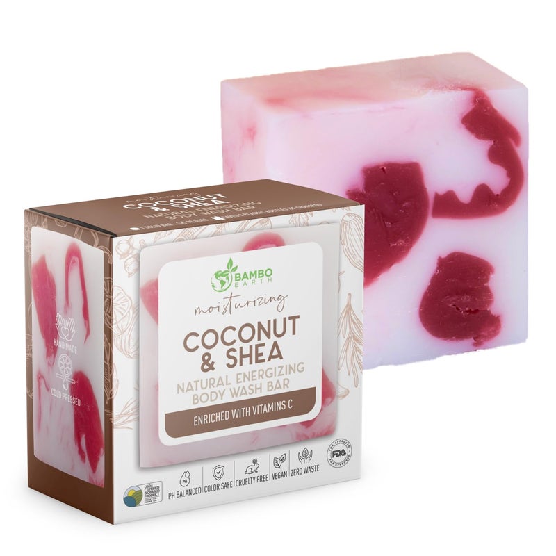 BAMBOEARTH Solid Moisturizing Body Wash Bar Soap â€“ Natural Dry Gel Bodywash Shower Bars With Plant Based Essential Oil And Zero Waste Packaging - Use With Hair Shampoo & Conditioner (Coconut & Shea) - Image 1