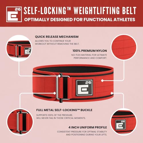 Element 26 Self-Locking Weight Lifting Belt - Premium Weightlifting Belt for Serious Functional Fitness, Power Lifting, and Olympic Lifting Athletes - Squat, Deadlift Men & Women (Medium, Red) - Image 3
