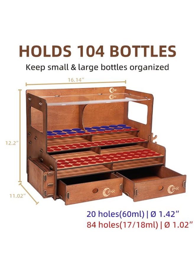OPHIR Paint Organizer, Wooden 104 Holes Paint Holder with 26 Brush Holes, 1 Brush Holder with 6 Slots, 2 Painting Handles, 2 Drawers for Miniature Paints Storage - Image 3
