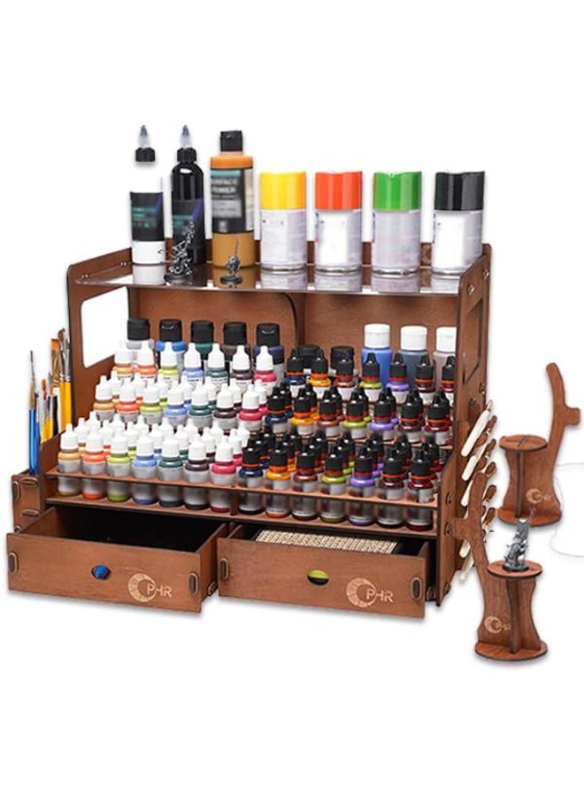 OPHIR Paint Organizer, Wooden 104 Holes Paint Holder with 26 Brush Holes, 1 Brush Holder with 6 Slots, 2 Painting Handles, 2 Drawers for Miniature Paints Storage - Image 1