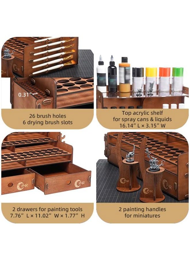 OPHIR Paint Organizer, Wooden 104 Holes Paint Holder with 26 Brush Holes, 1 Brush Holder with 6 Slots, 2 Painting Handles, 2 Drawers for Miniature Paints Storage - Image 4