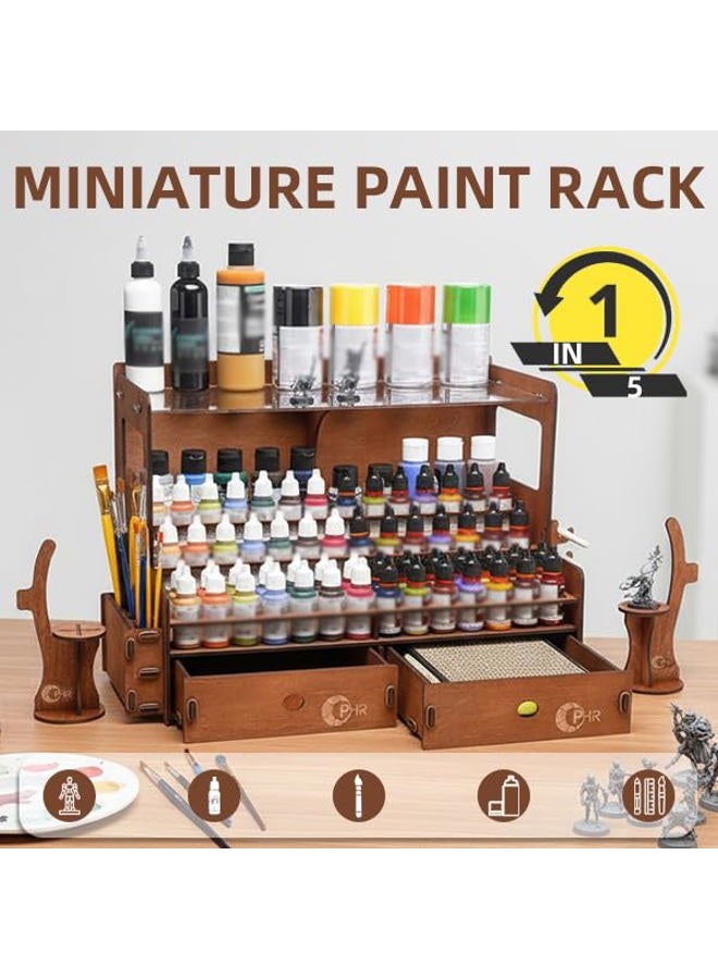 OPHIR Paint Organizer, Wooden 104 Holes Paint Holder with 26 Brush Holes, 1 Brush Holder with 6 Slots, 2 Painting Handles, 2 Drawers for Miniature Paints Storage - Image 2