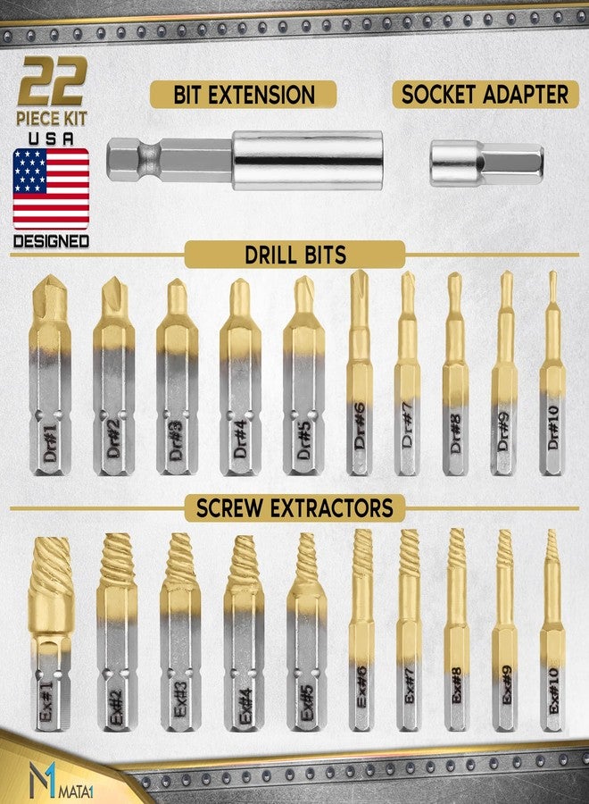 Mata1 - Titanium Screw Extractor Set for Stripped, Broken, Damaged Screws - 22 pc, Silver & Gold - Remover Kit with Drill Bits, Extractors, Bit Extension & Socket Adapter - Image 2