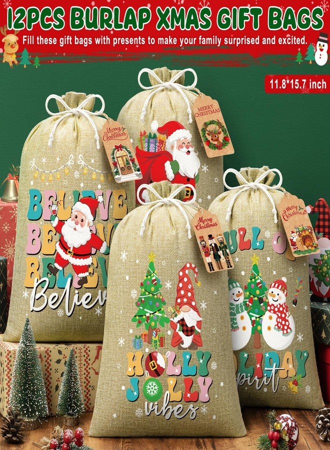 FLOE 12 PCS Burlap Christmas Drawstring Gift Bags, 12x16in Christmas Linen Gift Bags w/Tags, Large Xmas Burlap Sacks Jute Goody Gift Bag Candy Treat Bags Reusable Gifts Wrapping for Holiday Party Favors - Image 4