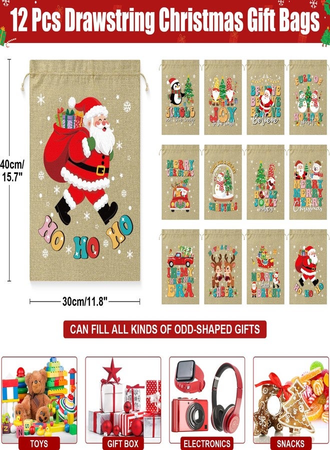 FLOE 12 PCS Burlap Christmas Drawstring Gift Bags, 12x16in Christmas Linen Gift Bags w/Tags, Large Xmas Burlap Sacks Jute Goody Gift Bag Candy Treat Bags Reusable Gifts Wrapping for Holiday Party Favors - Image 2