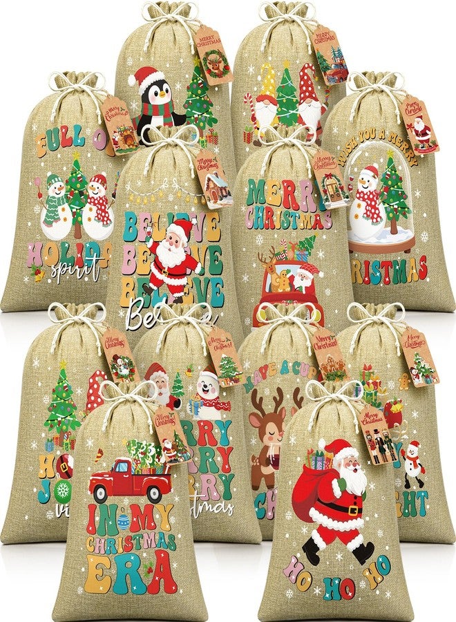 FLOE 12 PCS Burlap Christmas Drawstring Gift Bags, 12x16in Christmas Linen Gift Bags w/Tags, Large Xmas Burlap Sacks Jute Goody Gift Bag Candy Treat Bags Reusable Gifts Wrapping for Holiday Party Favors - Image 1