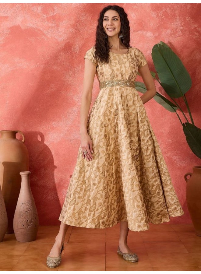 AKS Beige Jacquard Flared Maxi Dress  - Image 2