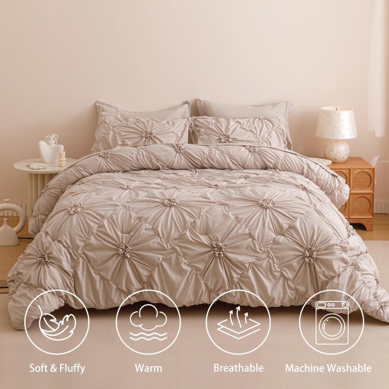 Nttopship Khaki Queen Comforter Set - 7 Pieces Bed in a Bag, Premium Comforters Queen Size Bed Set Pintuck Pinch Pleat Complete Comforter Set with Flat Sheet, Fitted Sheet and Pillowcases,Khaki - Image 2