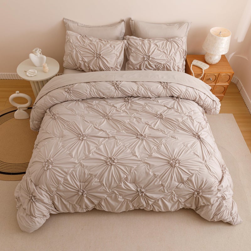 Nttopship Khaki Queen Comforter Set - 7 Pieces Bed in a Bag, Premium Comforters Queen Size Bed Set Pintuck Pinch Pleat Complete Comforter Set with Flat Sheet, Fitted Sheet and Pillowcases,Khaki - Image 1