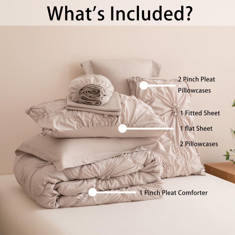 Nttopship Khaki Queen Comforter Set - 7 Pieces Bed in a Bag, Premium Comforters Queen Size Bed Set Pintuck Pinch Pleat Complete Comforter Set with Flat Sheet, Fitted Sheet and Pillowcases,Khaki - Image 3