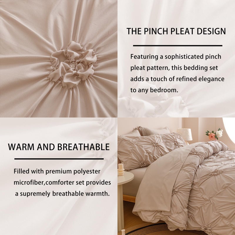 Nttopship Khaki Queen Comforter Set - 7 Pieces Bed in a Bag, Premium Comforters Queen Size Bed Set Pintuck Pinch Pleat Complete Comforter Set with Flat Sheet, Fitted Sheet and Pillowcases,Khaki - Image 4