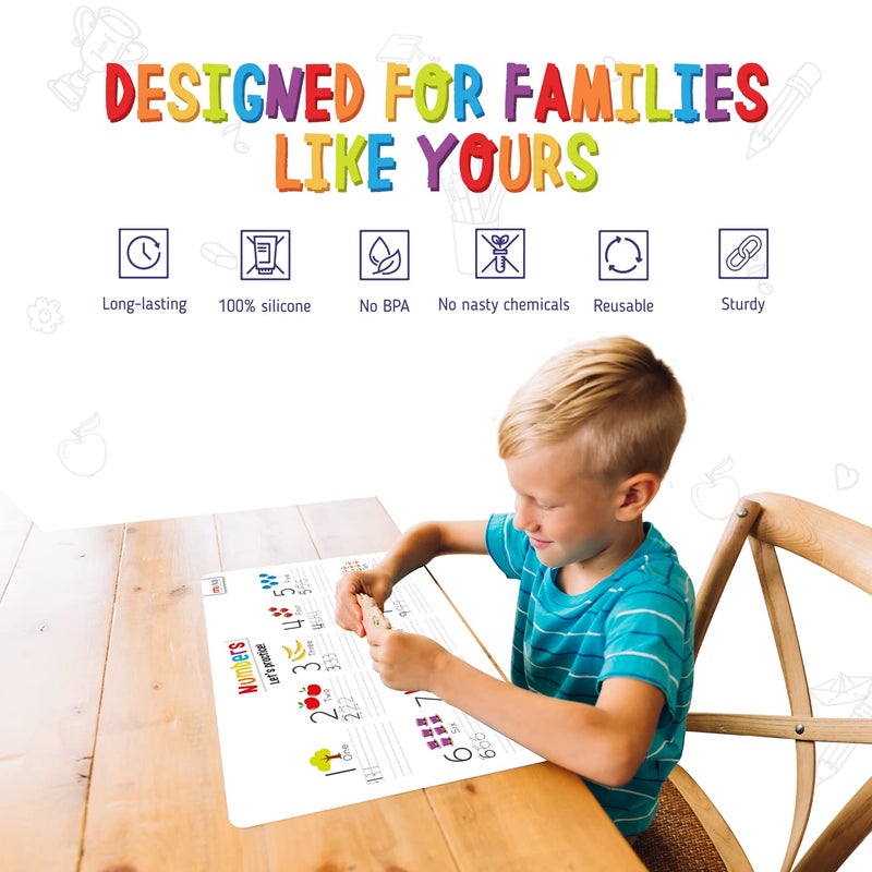 Merka Dry Erase Letter Tracing Placemat 4-Pack - 17 x 11 in Rectangular Plastic Mats - Wipe-Clean Reusable Design with 7 Dry-Erase Markers - Kids Coloring Placemats & Learning Activity Surface - Image 3