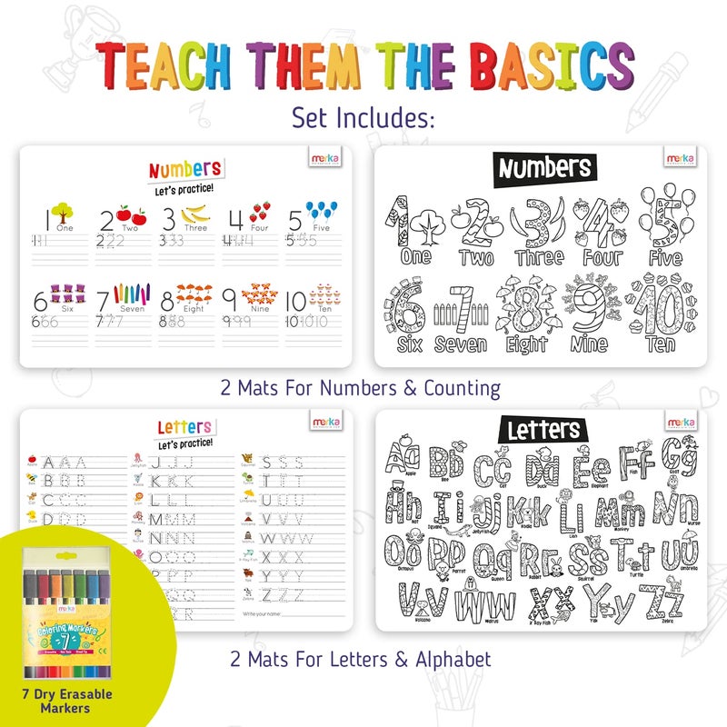 Merka Dry Erase Letter Tracing Placemat 4-Pack - 17 x 11 in Rectangular Plastic Mats - Wipe-Clean Reusable Design with 7 Dry-Erase Markers - Kids Coloring Placemats & Learning Activity Surface - Image 5