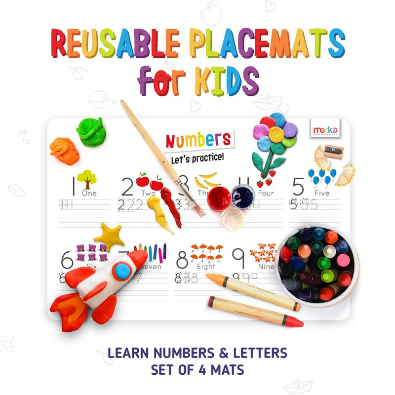 Merka Dry Erase Letter Tracing Placemat 4-Pack - 17 x 11 in Rectangular Plastic Mats - Wipe-Clean Reusable Design with 7 Dry-Erase Markers - Kids Coloring Placemats & Learning Activity Surface - Image 2