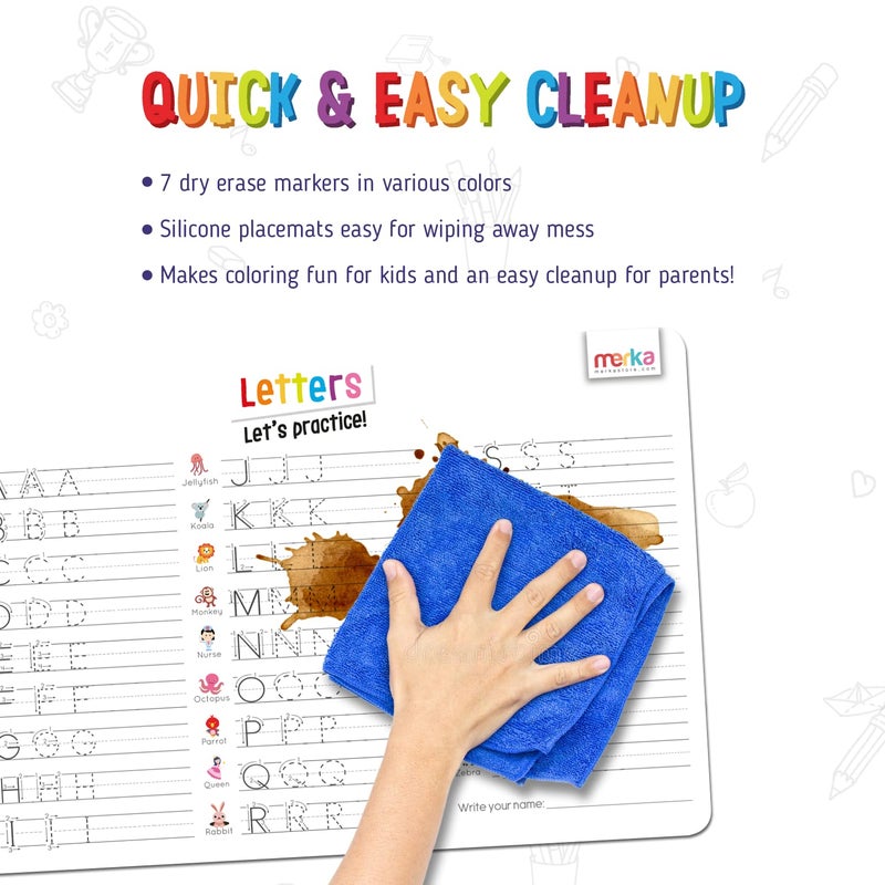 Merka Dry Erase Letter Tracing Placemat 4-Pack - 17 x 11 in Rectangular Plastic Mats - Wipe-Clean Reusable Design with 7 Dry-Erase Markers - Kids Coloring Placemats & Learning Activity Surface - Image 4