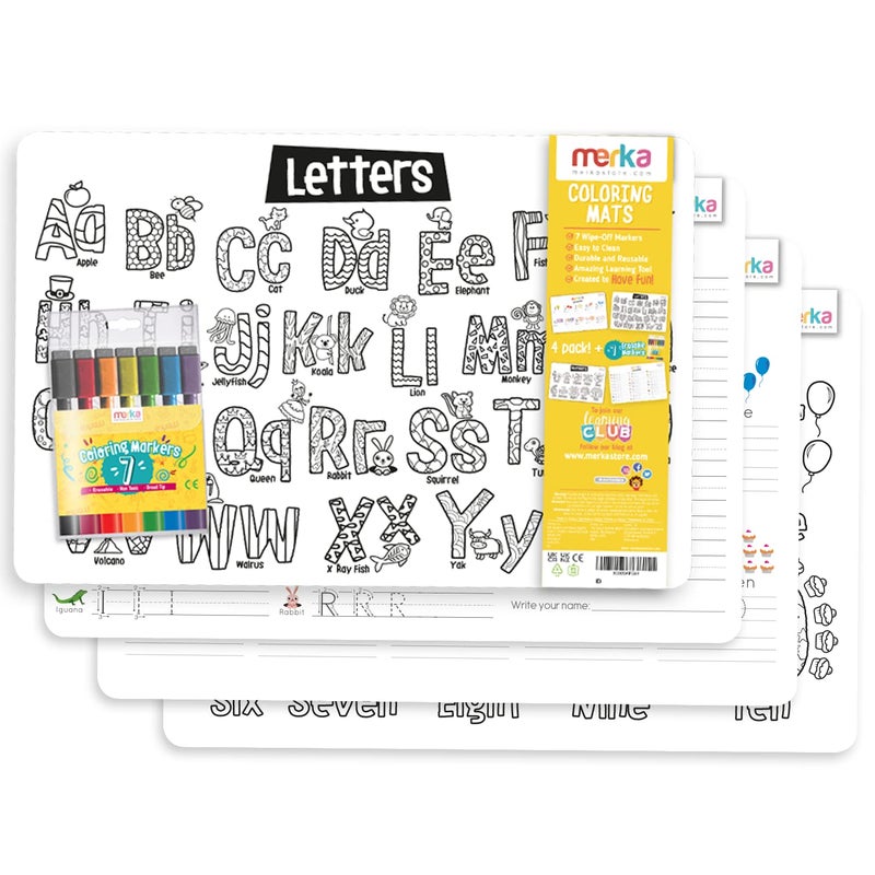 Merka Dry Erase Letter Tracing Placemat 4-Pack - 17 x 11 in Rectangular Plastic Mats - Wipe-Clean Reusable Design with 7 Dry-Erase Markers - Kids Coloring Placemats & Learning Activity Surface - Image 1