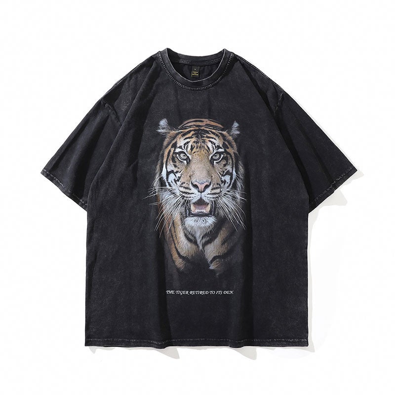Original Street Trendy Brand Hd Tiger Washed Short-Sleeved T-Shirt Men'S Casual Ins Ancient Half-Sleeved Tee - Image 3