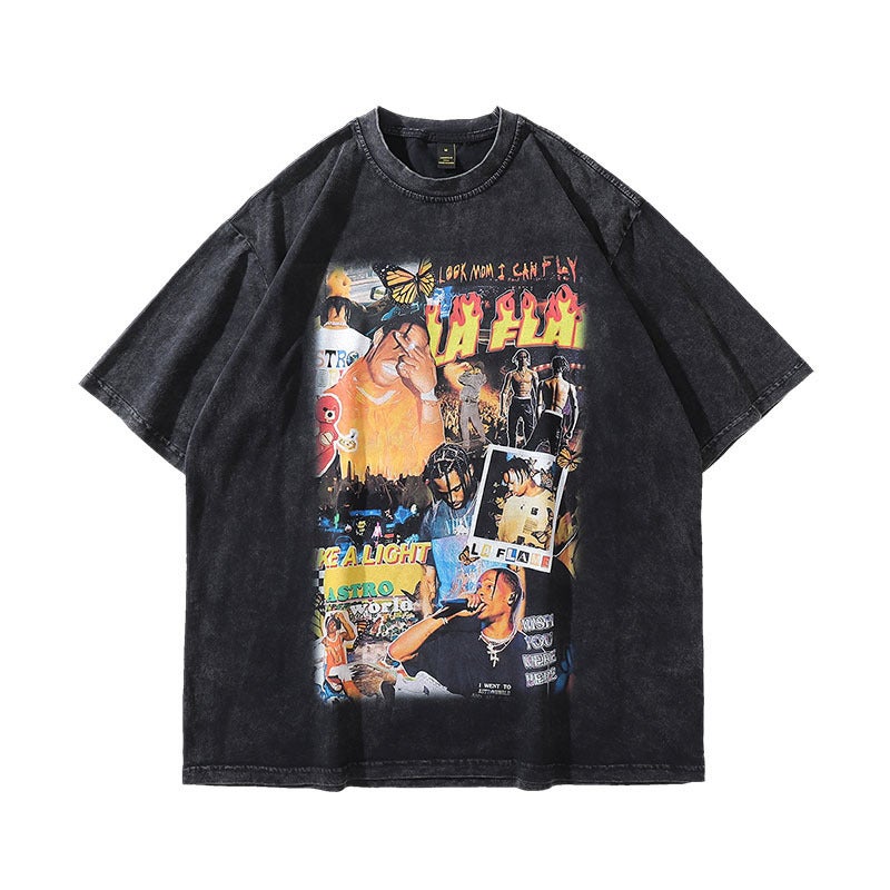 Original Street Trendy Brand Hd Tiger Washed Short-Sleeved T-Shirt Men'S Casual Ins Ancient Half-Sleeved Tee - Image 1