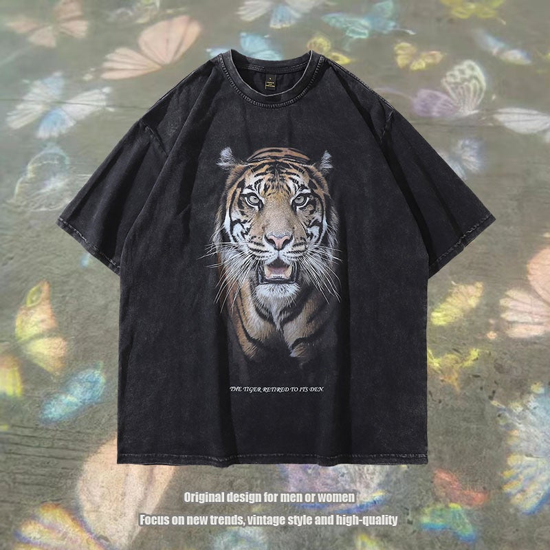 Original Street Trendy Brand Hd Tiger Washed Short-Sleeved T-Shirt Men'S Casual Ins Ancient Half-Sleeved Tee - Image 2