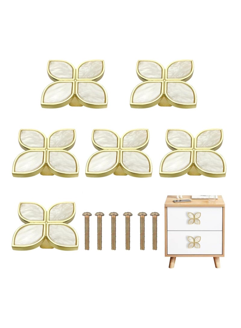 Zikra Knobs Four-Leaf Clover Brass Pulls Handles, Gold Knobs Dresser Knobs Clover Cabinet Handles with Screws for Dresser Drawers Kitchen Cabinet White, 6 pcs - Image 1