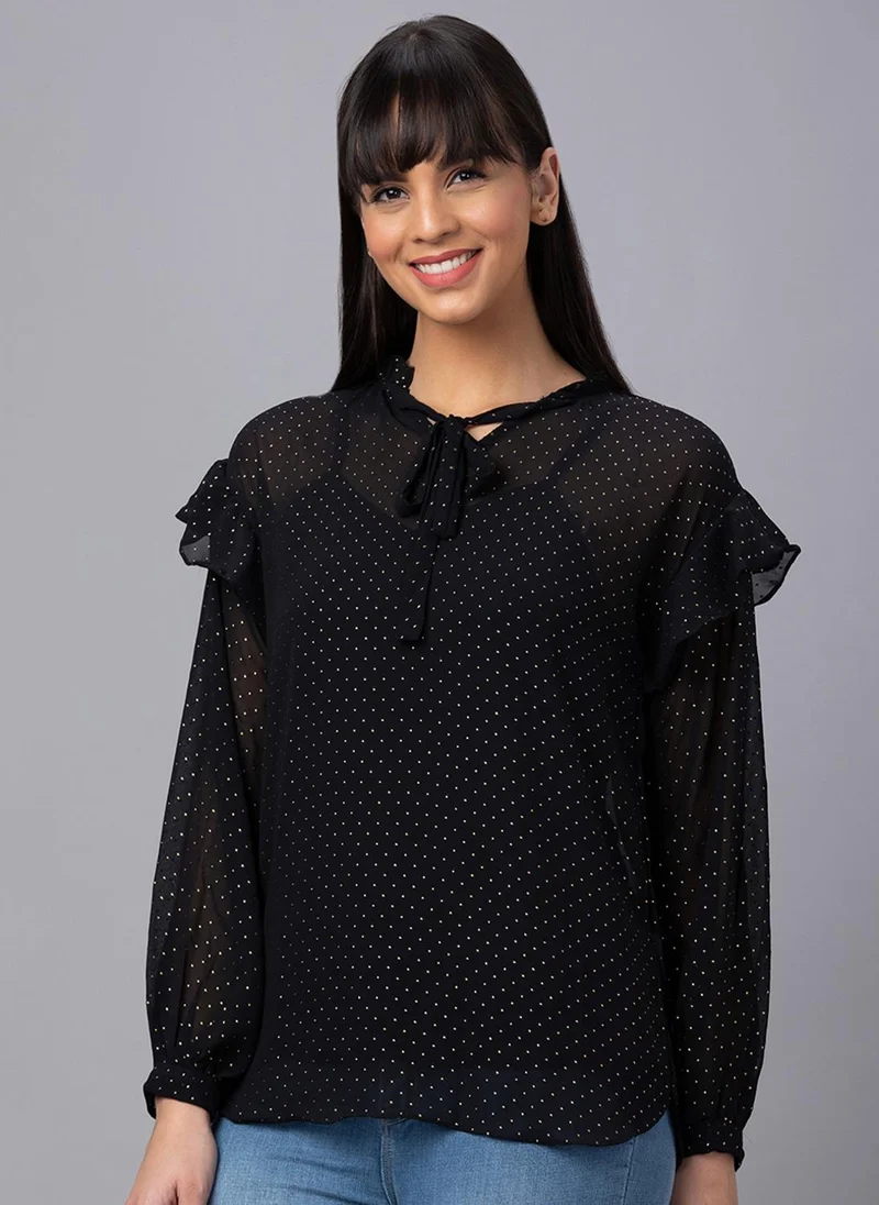 globus Globus Women Black Printed Tie-Up Neck Top