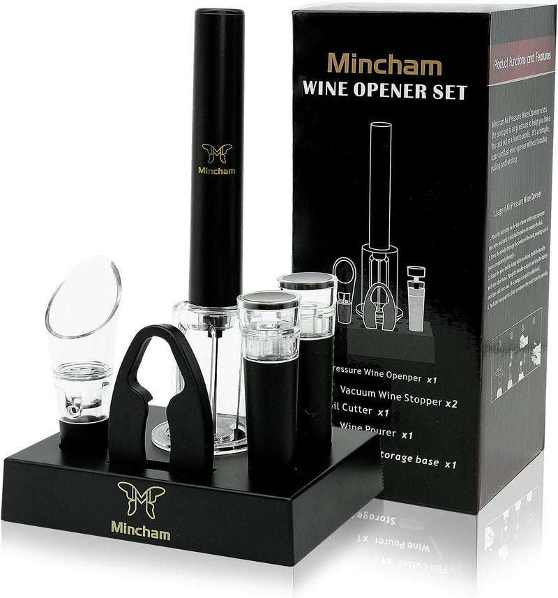 Mincham Air Pressure Wine Bottle Opener with Foil Cutter, Wine Aerator Pourer, 2 Vacuum Wine Stoppers, Storage Base (6 PCS), Corkscrew Wine Opener, The Best Wine gifts for Wine Lovers - Image 1