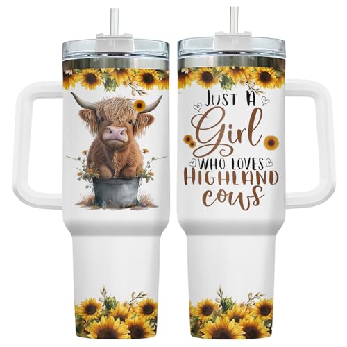 34HD Highland Cow Tumbler 40oz with Handle and Straw, Just A Girl Who Loves Cows Vacuum Insulated Travel Coffee Mug, Heifer Gifts for Girls & Women on Birthday and Mother's Day - Image 1