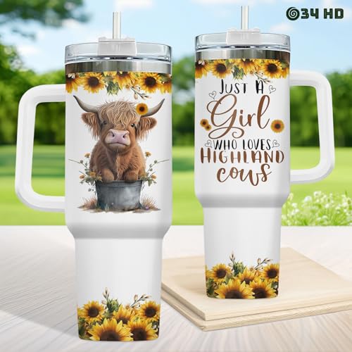 34HD Highland Cow Tumbler 40oz with Handle and Straw, Just A Girl Who Loves Cows Vacuum Insulated Travel Coffee Mug, Heifer Gifts for Girls & Women on Birthday and Mother's Day - Image 5
