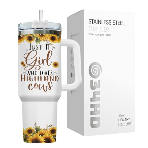 34HD Highland Cow Tumbler 40oz with Handle and Straw, Just A Girl Who Loves Cows Vacuum Insulated Travel Coffee Mug, Heifer Gifts for Girls & Women on Birthday and Mother's Day - Image 4