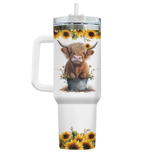 34HD Highland Cow Tumbler 40oz with Handle and Straw, Just A Girl Who Loves Cows Vacuum Insulated Travel Coffee Mug, Heifer Gifts for Girls & Women on Birthday and Mother's Day - Image 2