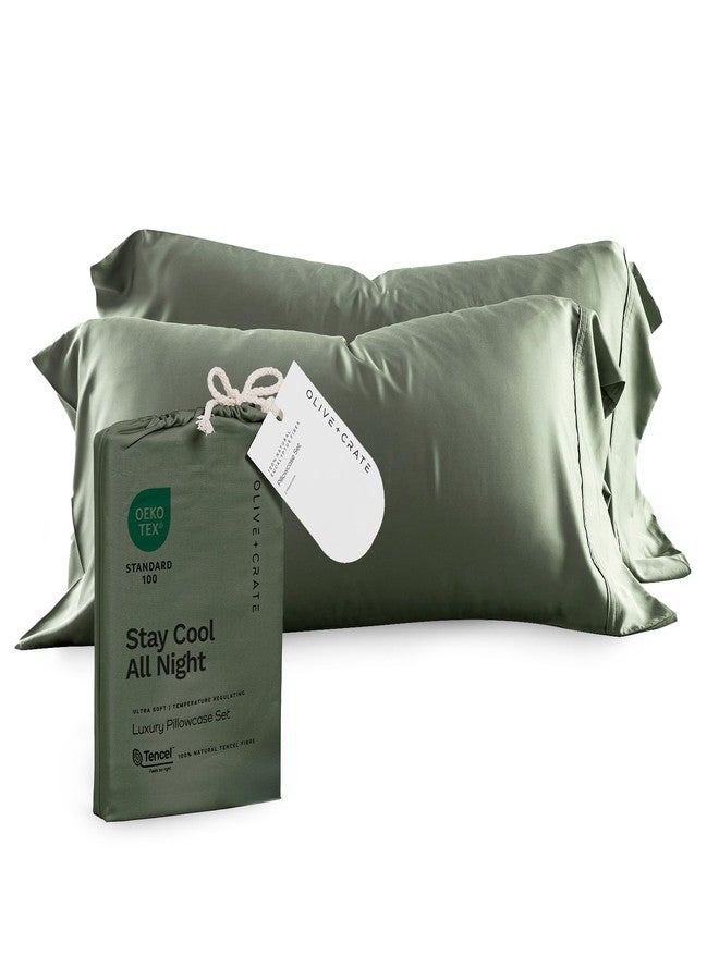 Olive + Crate Tencel Eucalyptus Pillowcases - 100% Tencel Lyocell Cooling Pillow Cases for Hot Sleepers - Hypoallergenic, Moisture-Wicking, Silk Alternative, Vegan - King Size Set of 2 [Moss] - Image 1