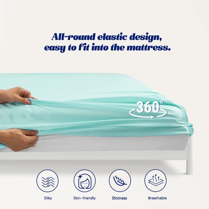 MR&HM MR&HM Satin Fitted Sheet Full Size  Silky Bottom Sheet with Elastic Corner Straps  Deep Pocket up to 15 Inch  No More Slipping Off for Mattress - 1 Fitted Sheet Only (Turquoise)  - Image 5
