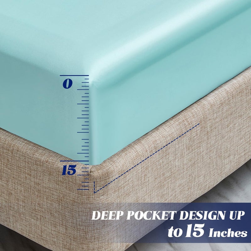 MR&HM MR&HM Satin Fitted Sheet Full Size  Silky Bottom Sheet with Elastic Corner Straps  Deep Pocket up to 15 Inch  No More Slipping Off for Mattress - 1 Fitted Sheet Only (Turquoise)  - Image 4