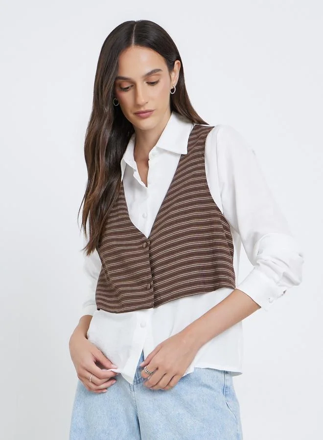 ستايلي قميص بأزرار بأكمام طويلة مخطط بطبقات ستايلي