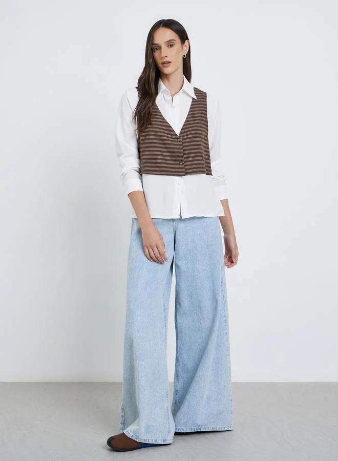 ستايلي قميص بأزرار بأكمام طويلة مخطط بطبقات ستايلي