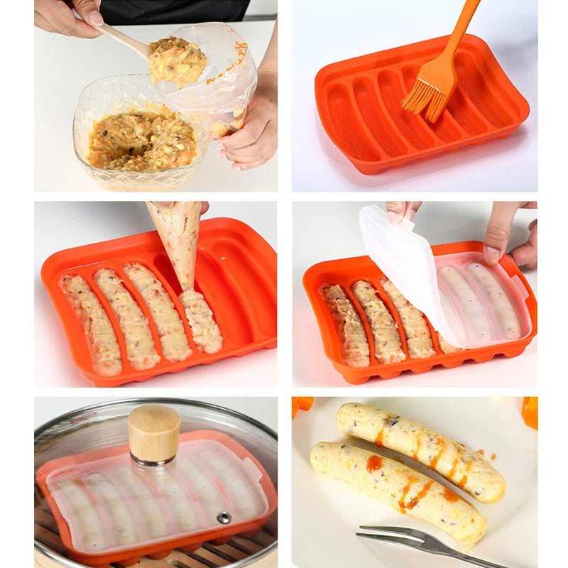 Kofebe Hot Dog Mold, 2PCS Silicone Sausage Mold with Brushes, Nons-tick Hotdog Bun Pan for DIY Ice Cube Tray Bread Candy Chocolate Cake - Image 3