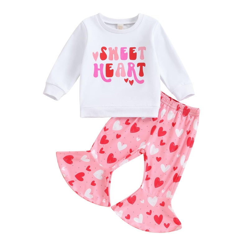 YINGISFITM Toddler Baby Girl Valentines Outfit Sweet Heart Shirt Long Sleeve Sweatshirt Bell Bottoms Spring Clothes (Heart print, 3-4 Years) - Image 1